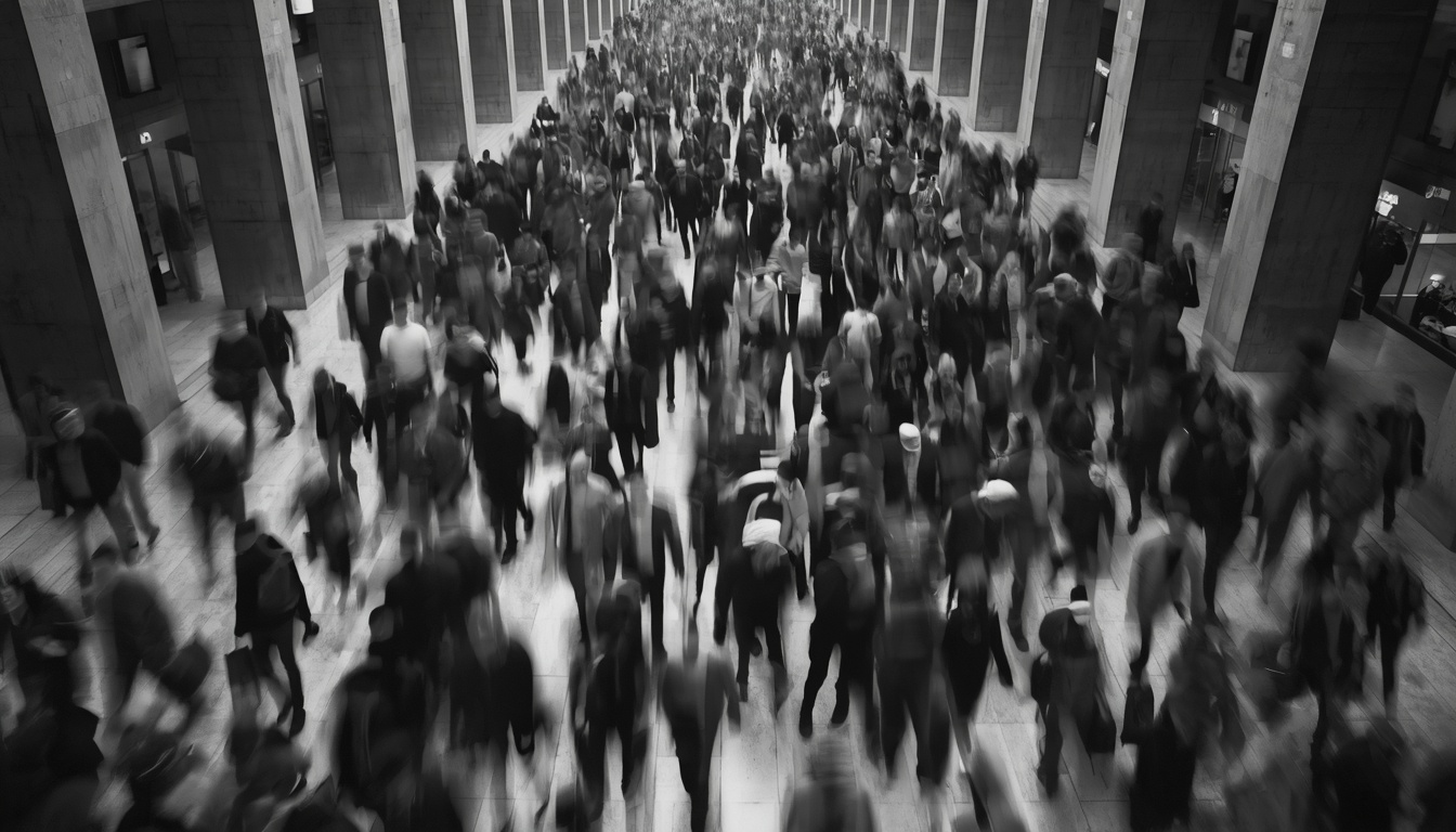 A crowd of people moving through an open concourse