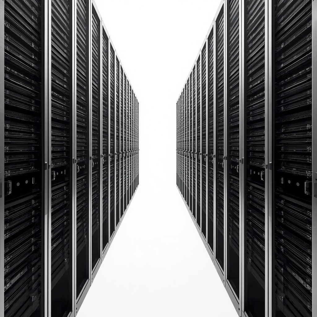 Rows of server racks receding down a narrow aisle