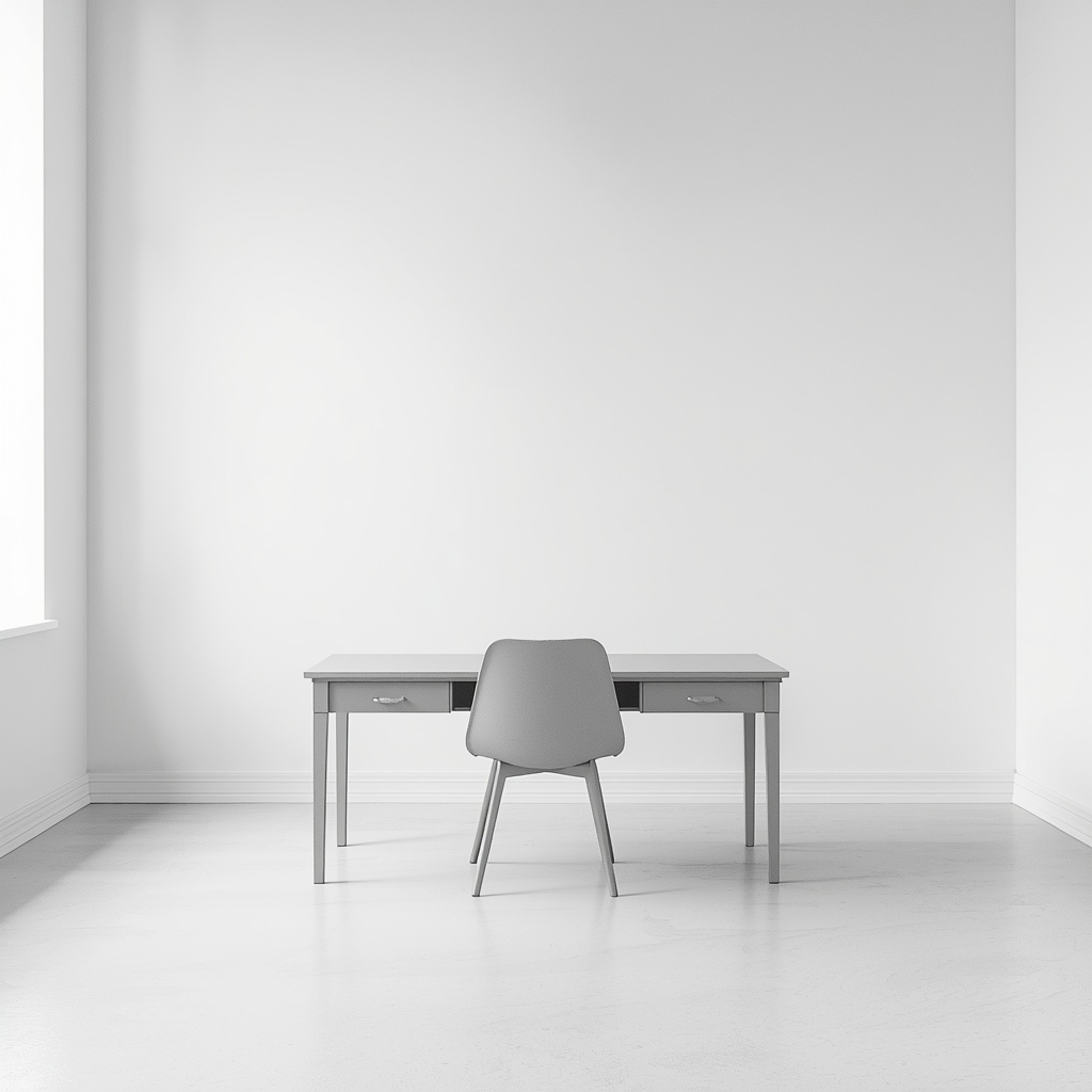 A single empty desk and chair in a bare, brightly lit room