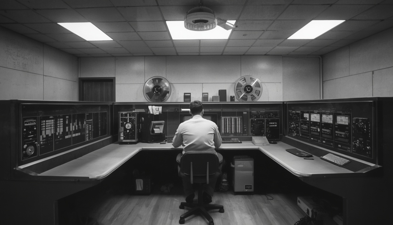 An operator at a mainframe control console